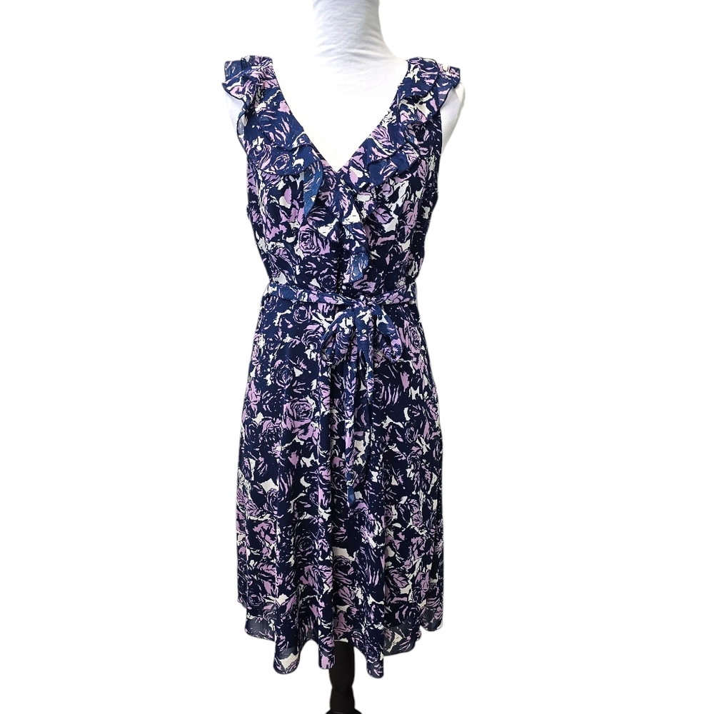 Jonathan Martin Floral V-Neck Dress with Ruffle Neckline Sleeveless Size 10